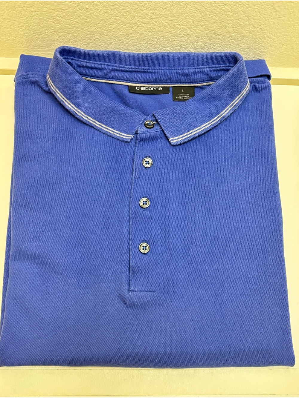 Claiborne Men’s Blue Polo with White Collar Stripe